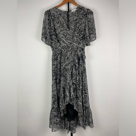 Calvin Klein Black White Chiffon Paisley Floral Hi Low Ruffle Faux Wrap Dress - Picture 3 of 11